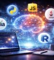 a laptop with programming code on it, surrounded with programming languages icons for ai