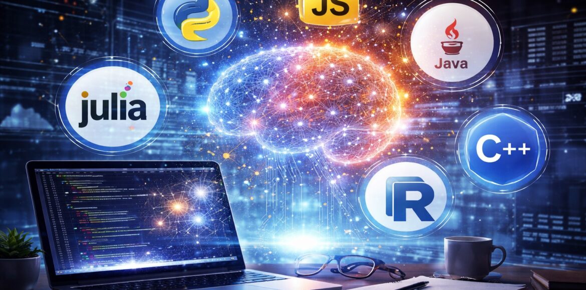 a laptop with programming code on it, surrounded with programming languages icons for ai