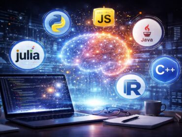 a laptop with programming code on it, surrounded with programming languages icons for ai