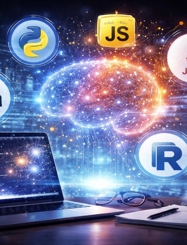 a laptop with programming code on it, surrounded with programming languages icons for ai