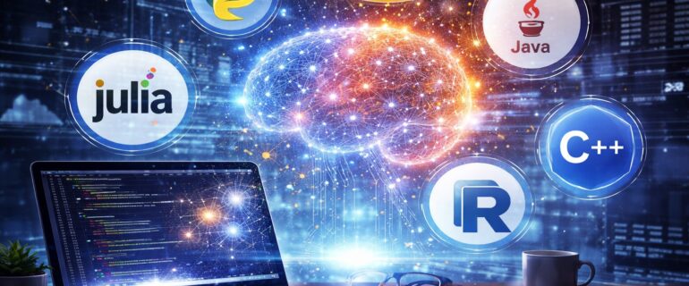 a laptop with programming code on it, surrounded with programming languages icons for ai